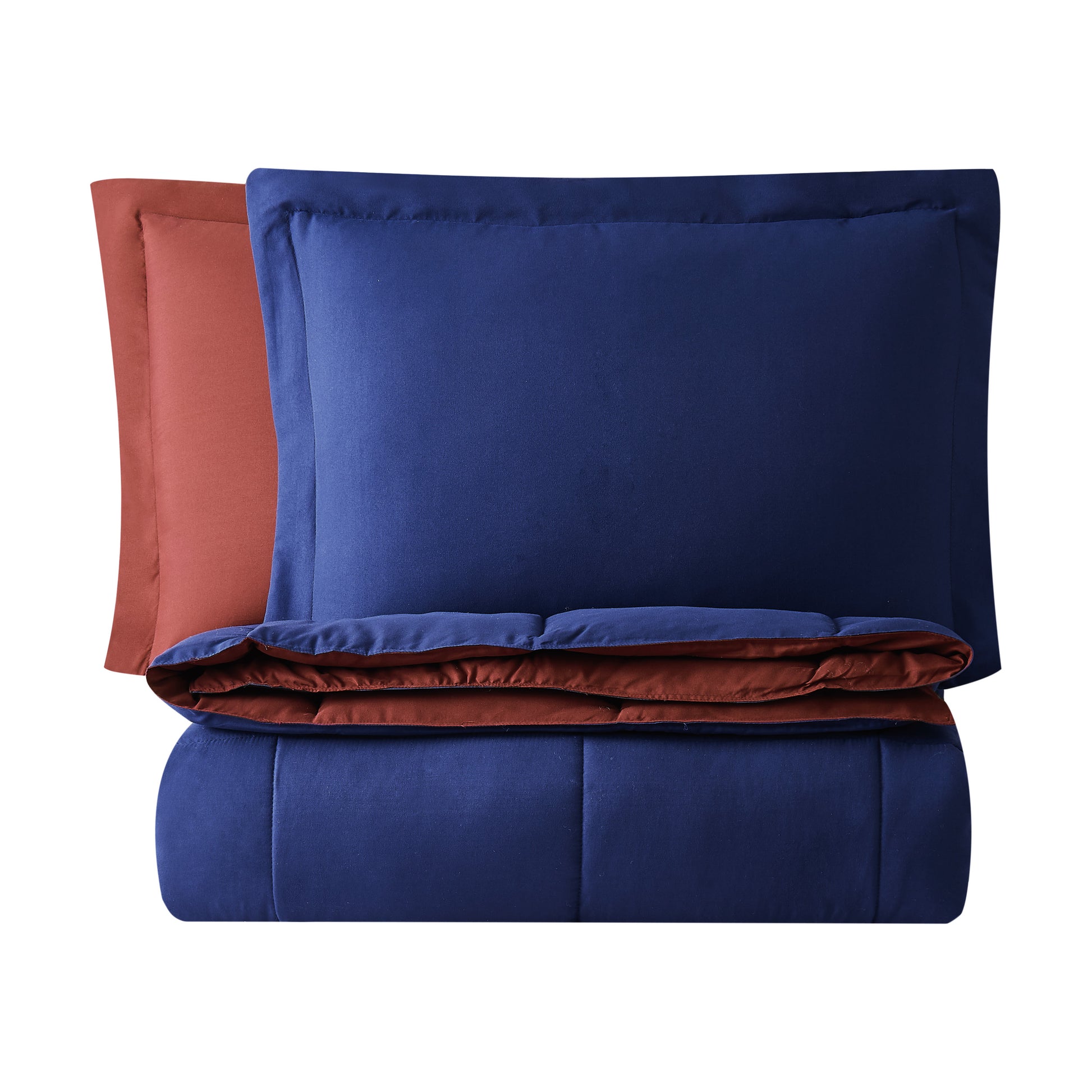 Truly Soft Everyday Reversible Solid Comforter Set Navy Blue Burgundy Red Folded Silo