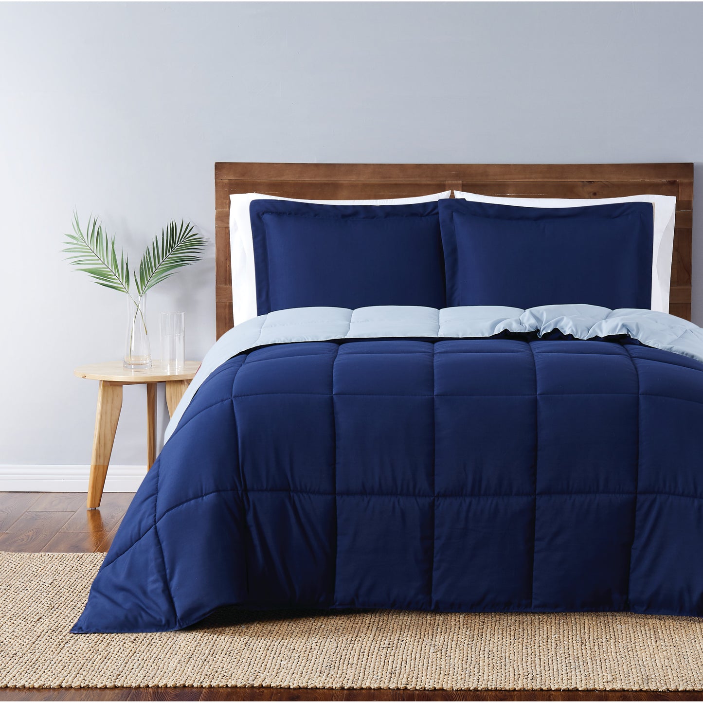 Truly Soft Everyday Reversible Solid Comforter Set Navy Light Blue Front View Room