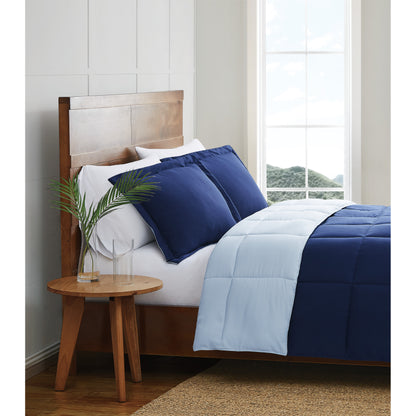 Truly Soft Everyday Reversible Solid Comforter Set Navy Light Blue Side View Room