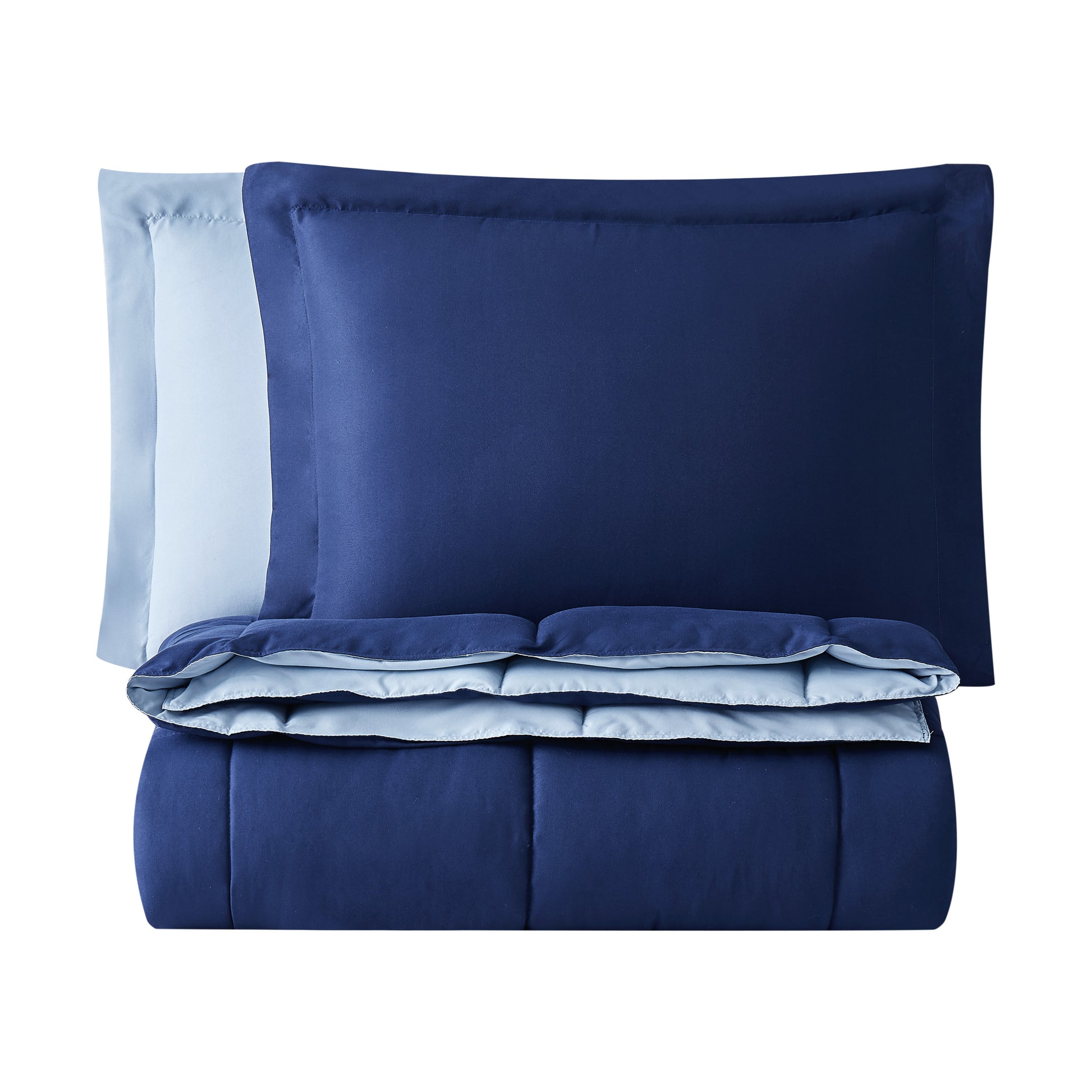 Truly Soft Everyday Reversible Solid Comforter Set Navy Light Blue Folded Silo