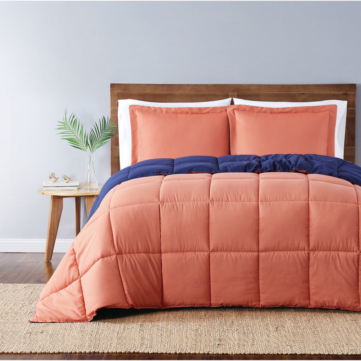 Truly Soft Everyday Reversible Solid Comforter Set Orange Navy Blue Front View Room