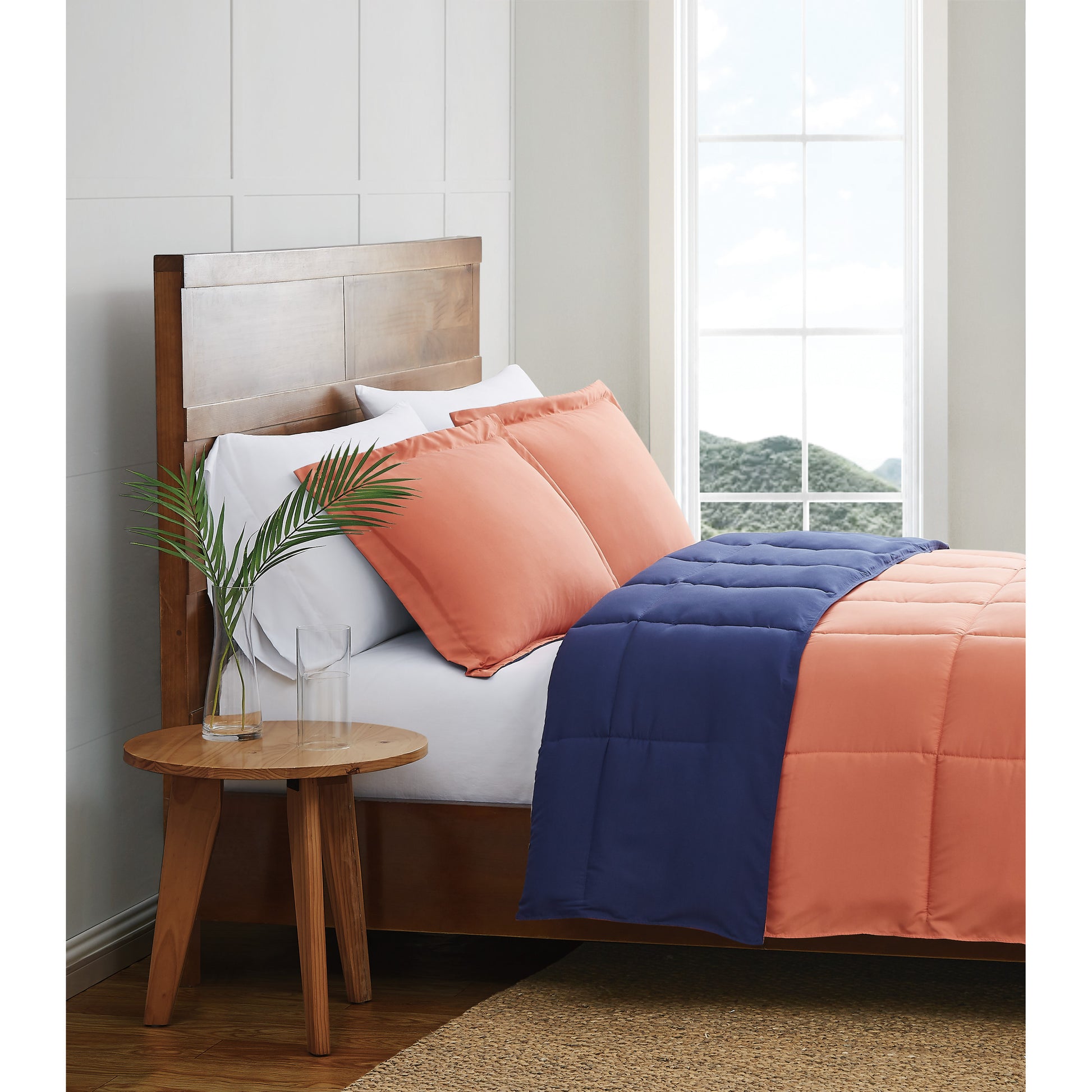 Truly Soft Everyday Reversible Solid Comforter Set Orange Navy Blue Side View Room