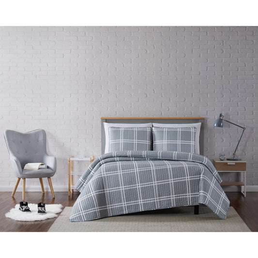 Truly Soft Everyday Leon Plaid Quilt Set Front View Room Grey Gray