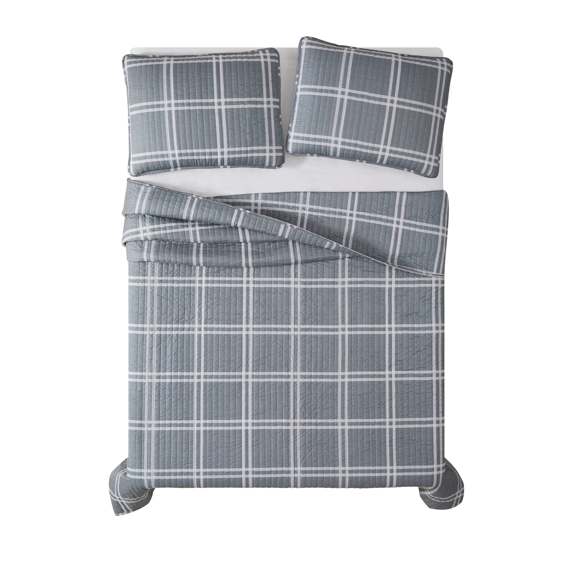 Truly Soft Everyday Leon Plaid Quilt Set Overhead Silo Grey Gray