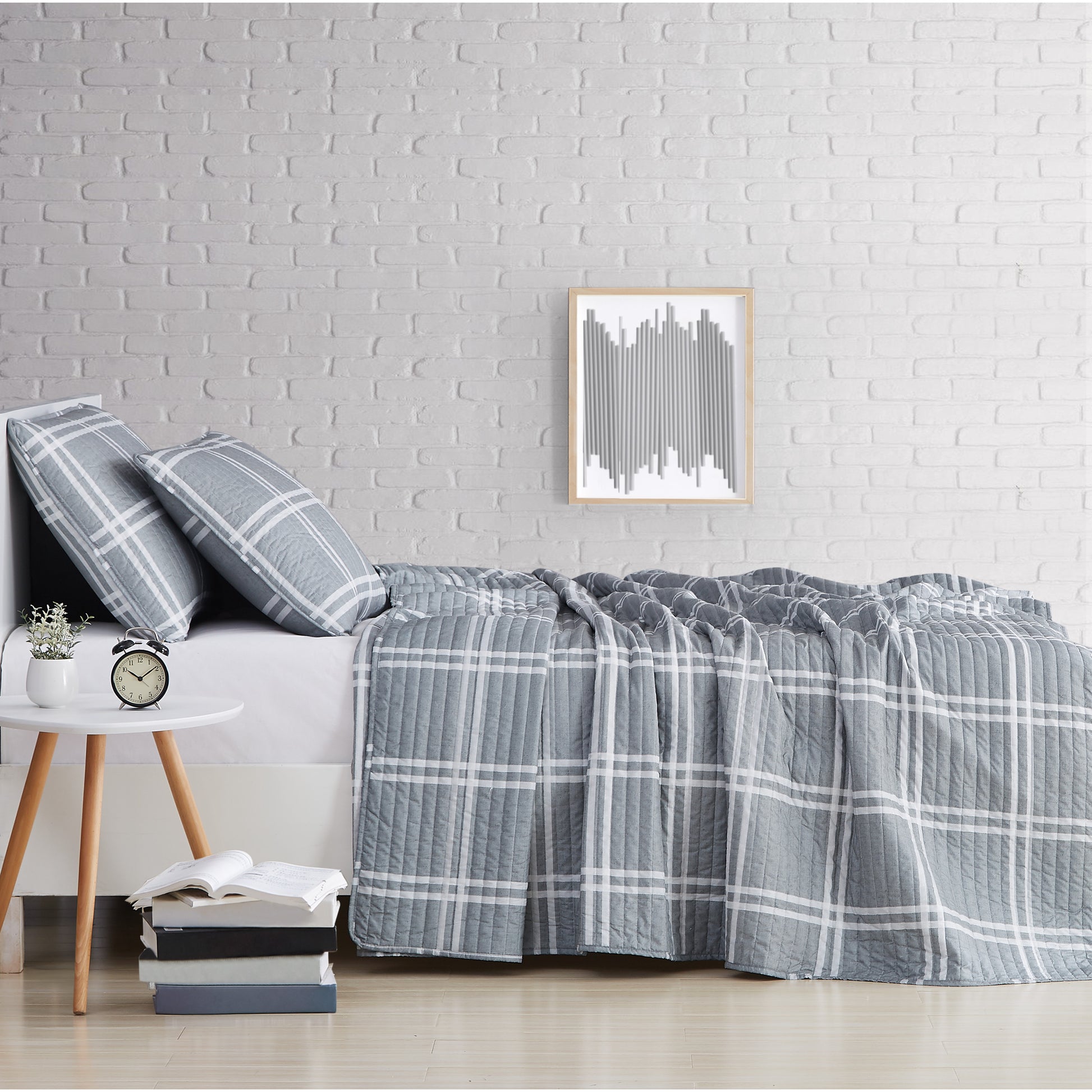 Truly Soft Everyday Leon Plaid Quilt Set Side View Room Grey Gray