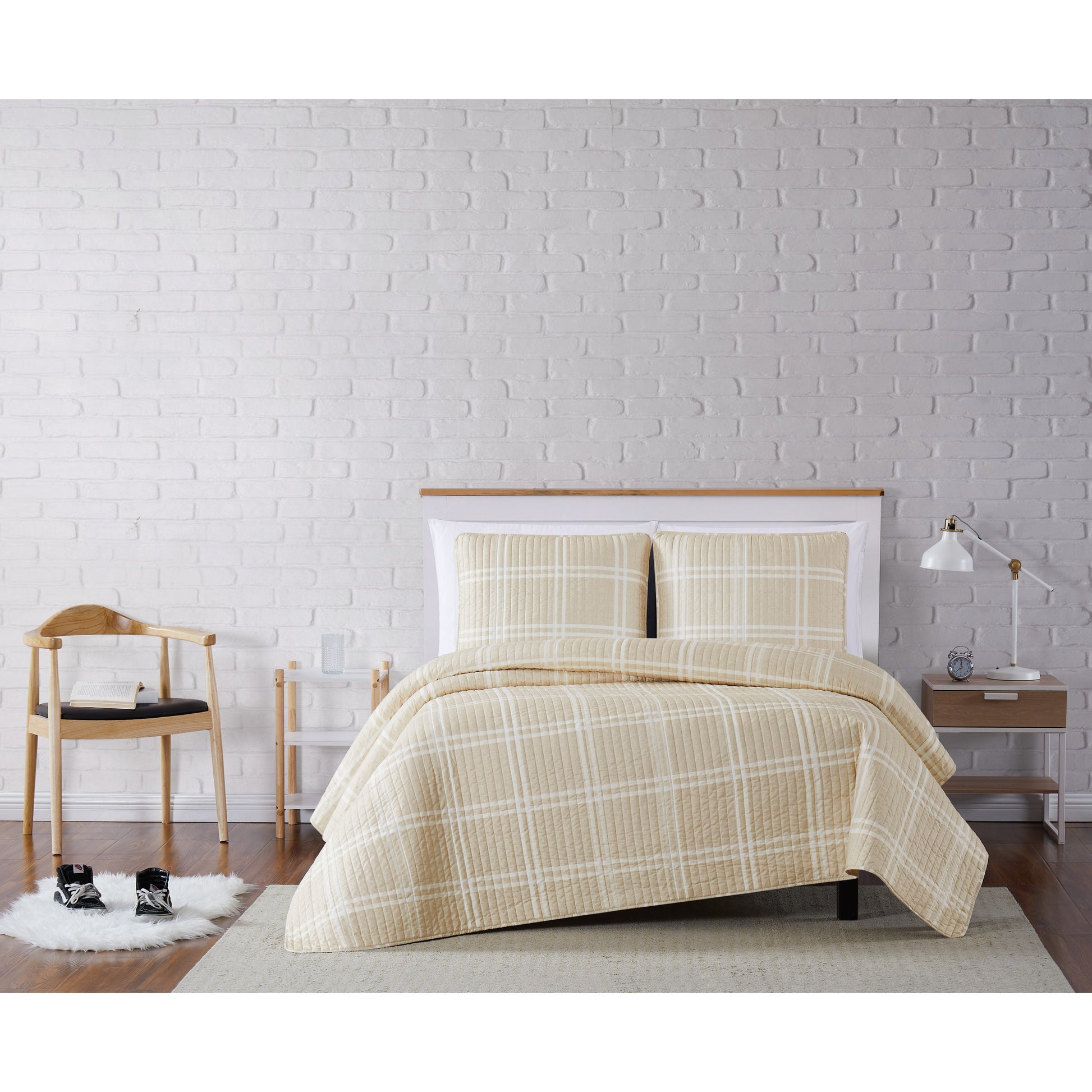 Truly Soft Everyday Leon Plaid Quilt Set Front View Room Taupe Tan Khaki