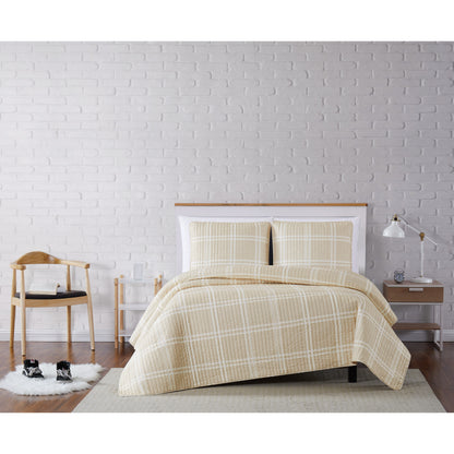 Truly Soft Everyday Leon Plaid Quilt Set Front View Room Taupe Tan Khaki