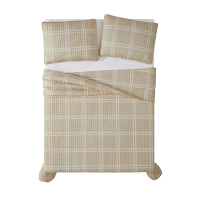 Truly Soft Everyday Leon Plaid Quilt Set Overhead Silo Taupe Tan Khaki