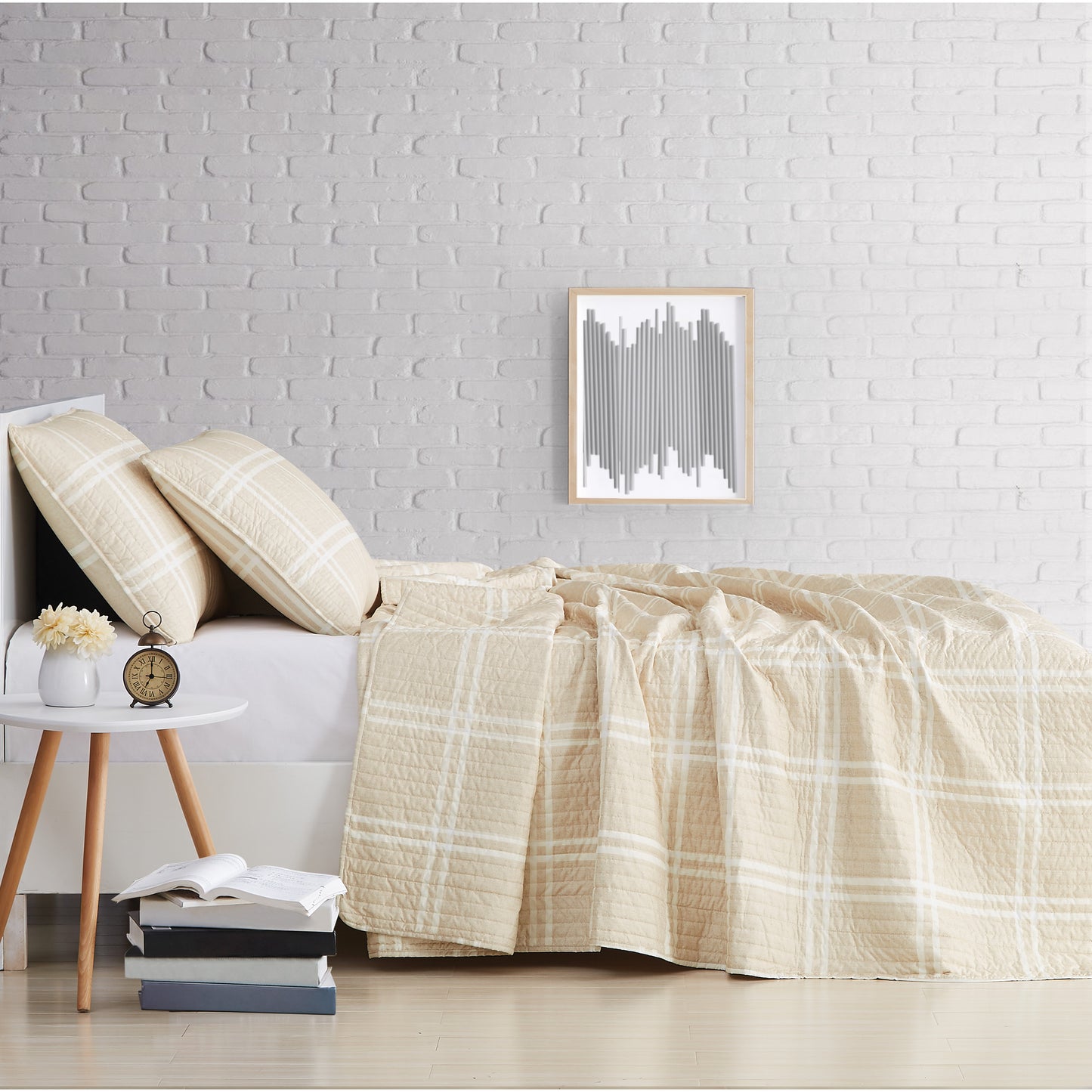 Truly Soft Everyday Leon Plaid Quilt Set Side View Room Taupe Tan Khaki