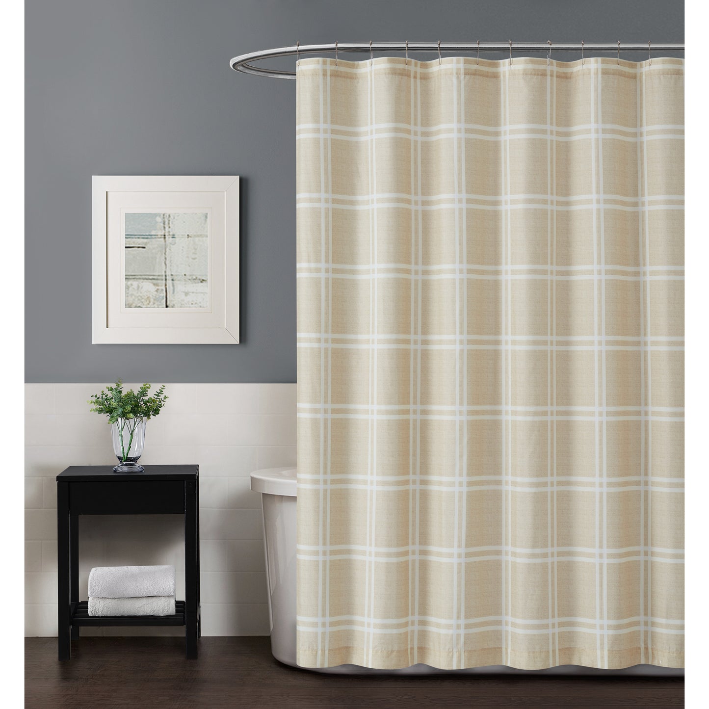 Truly Soft Everyday Leon Plaid Shower Curtain Bathroom Tan Taupe Khaki