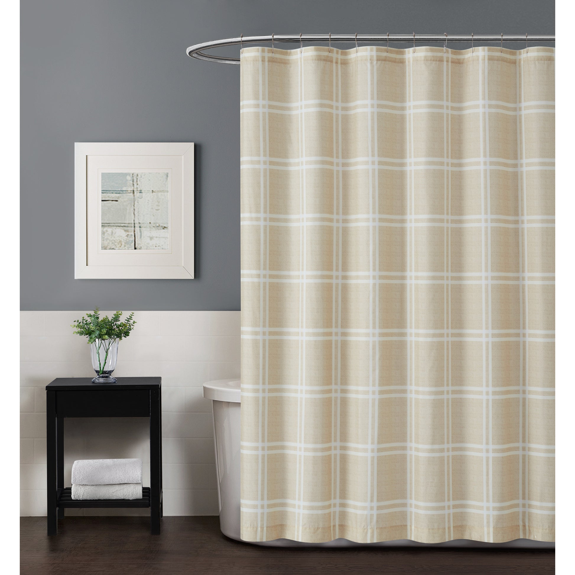 Truly Soft Everyday Leon Plaid Shower Curtain Bathroom Tan Taupe Khaki